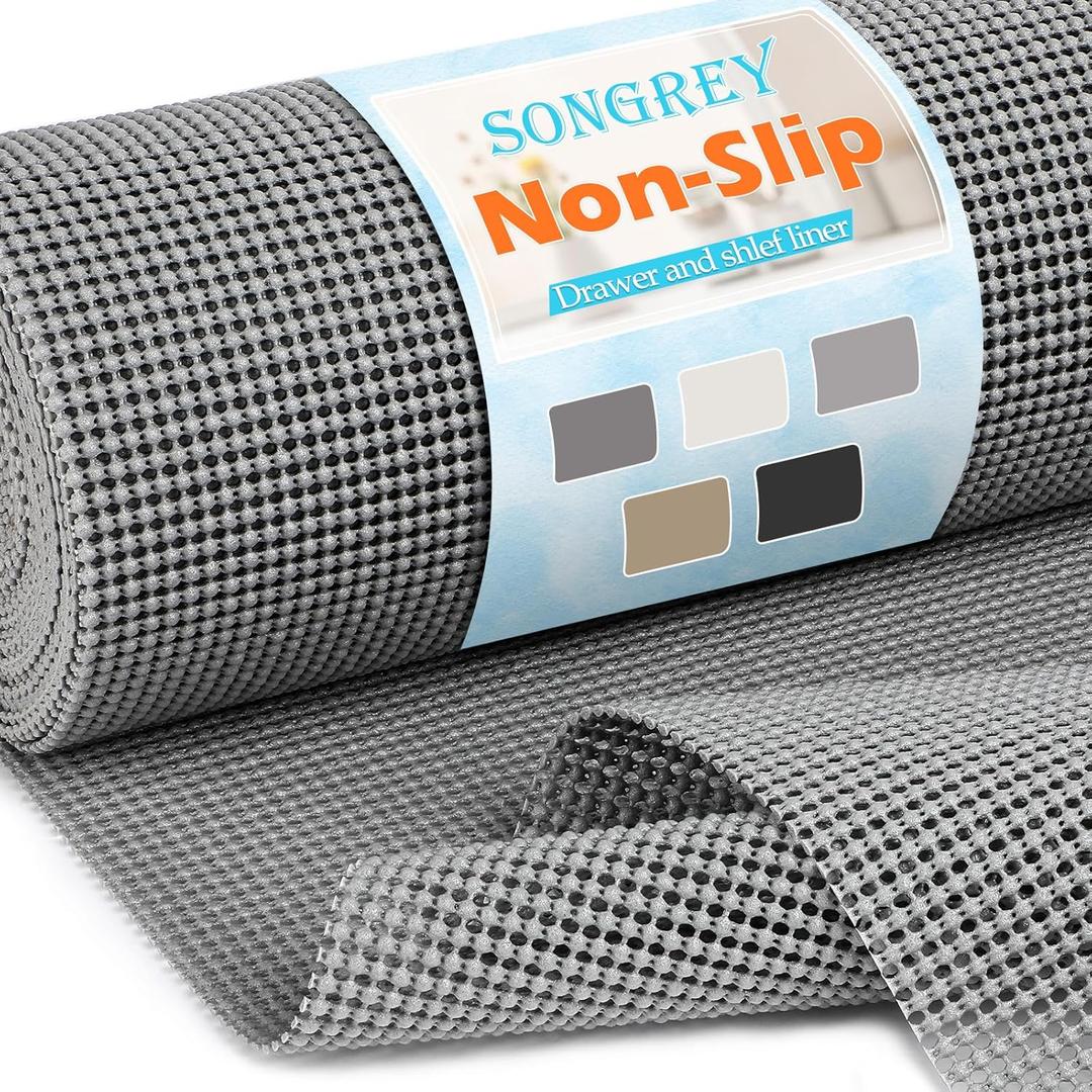 Songrey Non-Adhesive Drawer and Shelf Liner, 12IN x 20FT Non Slip Cabinet Liners, Protect Kitchen Cupboard, Bathroom Drawers, Breathable, Thick Strong Grip mat (Dark Gray)