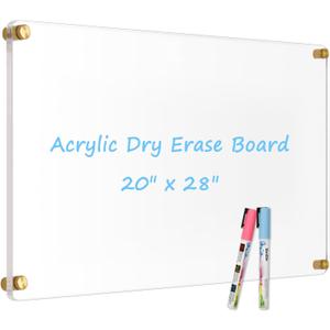 Large Clear Acrylic Dry Erase Board, 28" X 20" Golden Non-Magnetic Frameless Clear White Board for Wall, Erasable Acrylic Board for Wall, Home, Office, School, 2 Markers