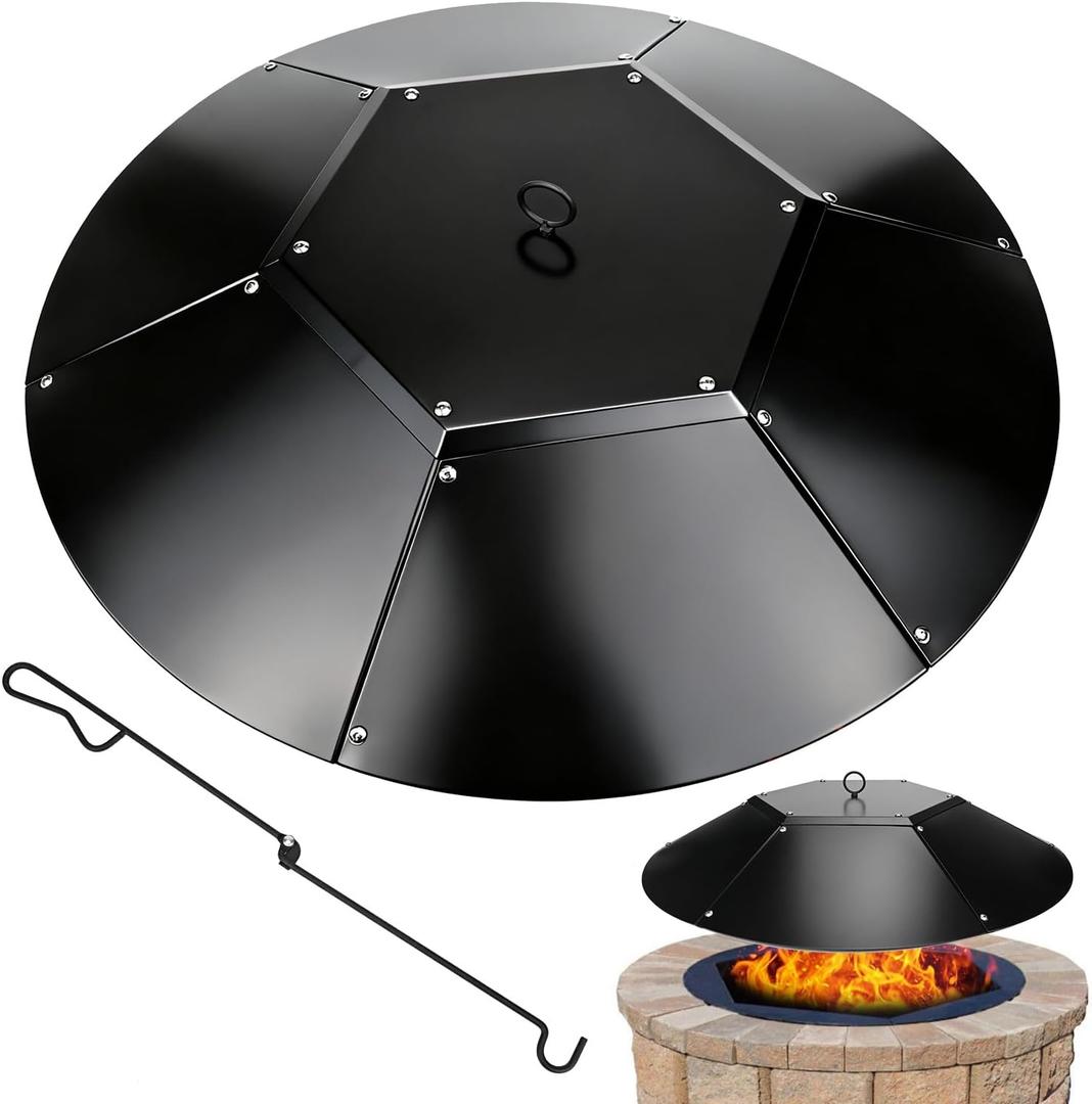 28 inch Fire Pit Lid Round,Metal Fire Pit Lid with Handle & Poker Fits for Fire Pits up to 26",Outdoor Firepit Lids Heavy Duty for Firepit Replacement Kit Accessory-Black