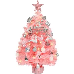 HMASYO Small Christmas Tree with Lights and Ornaments, 22 Inch Pink Tabletop Mini Christmas Tree with Light, Star Topper, DIY Artificial Table Top Xmas Tree for Holiday Indoor Home Decoration