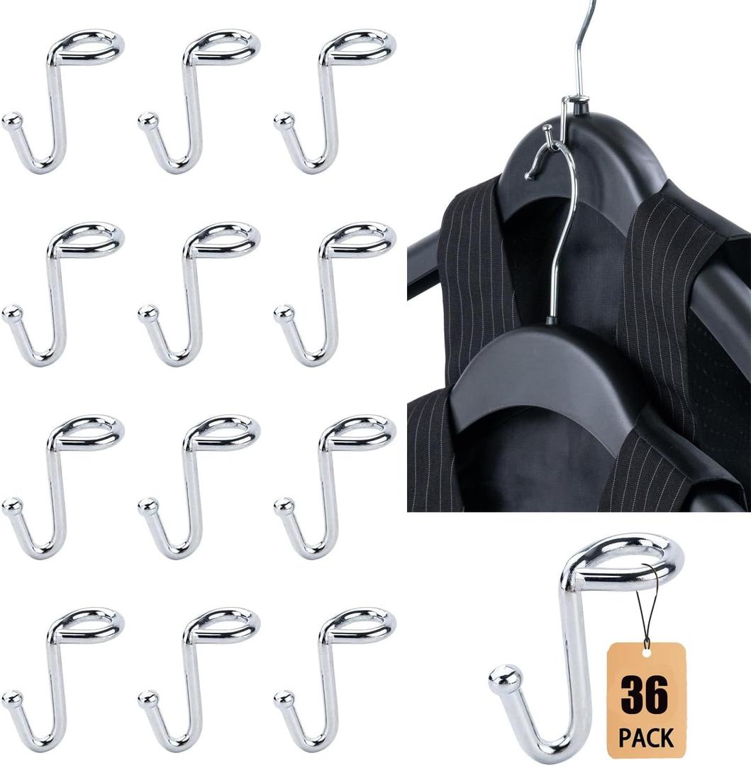 Clothes Hanger Connector Hooks, 36PCS, Clothes Hanger Organizer Mini Space Saving Extender Cascading Connection Hooks for Wooden Metal Plastic Hangers (Silver)
