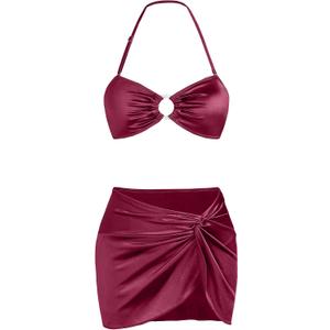 Ruched 3 Piece Swimsuits for Women Ribbed Velvet Bikini Sets with Sarong Coverup Metal Ring Bathing Suit (M)
