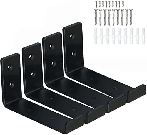 HEART ART Black Shelf Bracket 6 inch, J Metal Heavy Duty Shelf Support Brackets 4 Pack,6.3" L×4.8" H×1.2" W