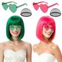 2 Pack Colored Bob Wigs and Heart Sunglasses Set, Green Hot Pink Short Straight Bob Wig with Bangs Neon Party Colorful Synthetic Hair for Women Men Halloween Costume Bachelorette Party Favors