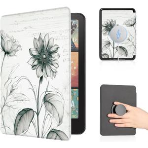 CoBak Case with Fold-Back Magnetic Cover for 7" Kindle Paperwhite 12th Gen 2024 and Kindle Colorsoft - for PopSockets Grip, Compatible with iPhone MagSafe and Anker Wireless Charging Pads, Auto Wake (Sketch Sunflower)