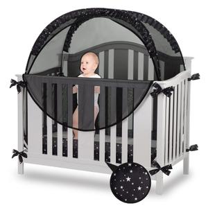 Safety Crib Tent to Keep Baby in Pop up Mosquito Net Netting Canopy Mesh Cover for Toddler - Black