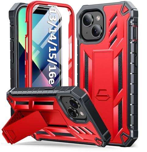 SOiOS for iPhone 13/14/15 Phone Case: for iPhone 16e Protective Cover with Built-in Kickstand | Heavy Duty Military Grade Hard Protection Shock Proof | Durable Dual-Layer Design Red