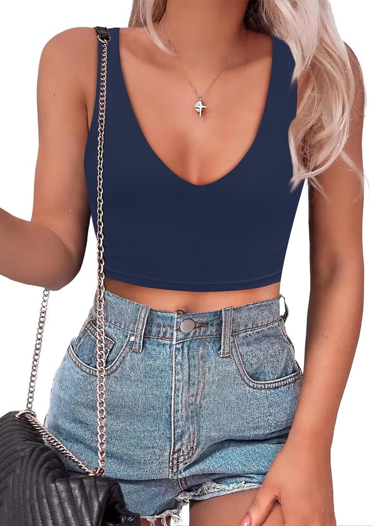 SAUNGKUAI Womens Summer Slim Fitted Sexy Deep V Neck Sleeveless Backless Double Lined Crop Tank Tops (Small)