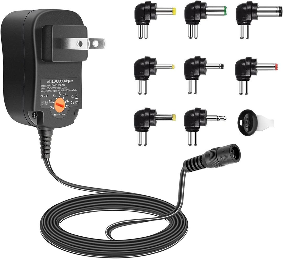 Multi-Voltage AC DC Power Adapter 12W 3V 4.5V 5V 6V 7.5V 9V 12V 1000mA 1A Universal Switching Power Supply Charger with 8 Plugs for Speaker Router Baby Monitor CCTV Camera