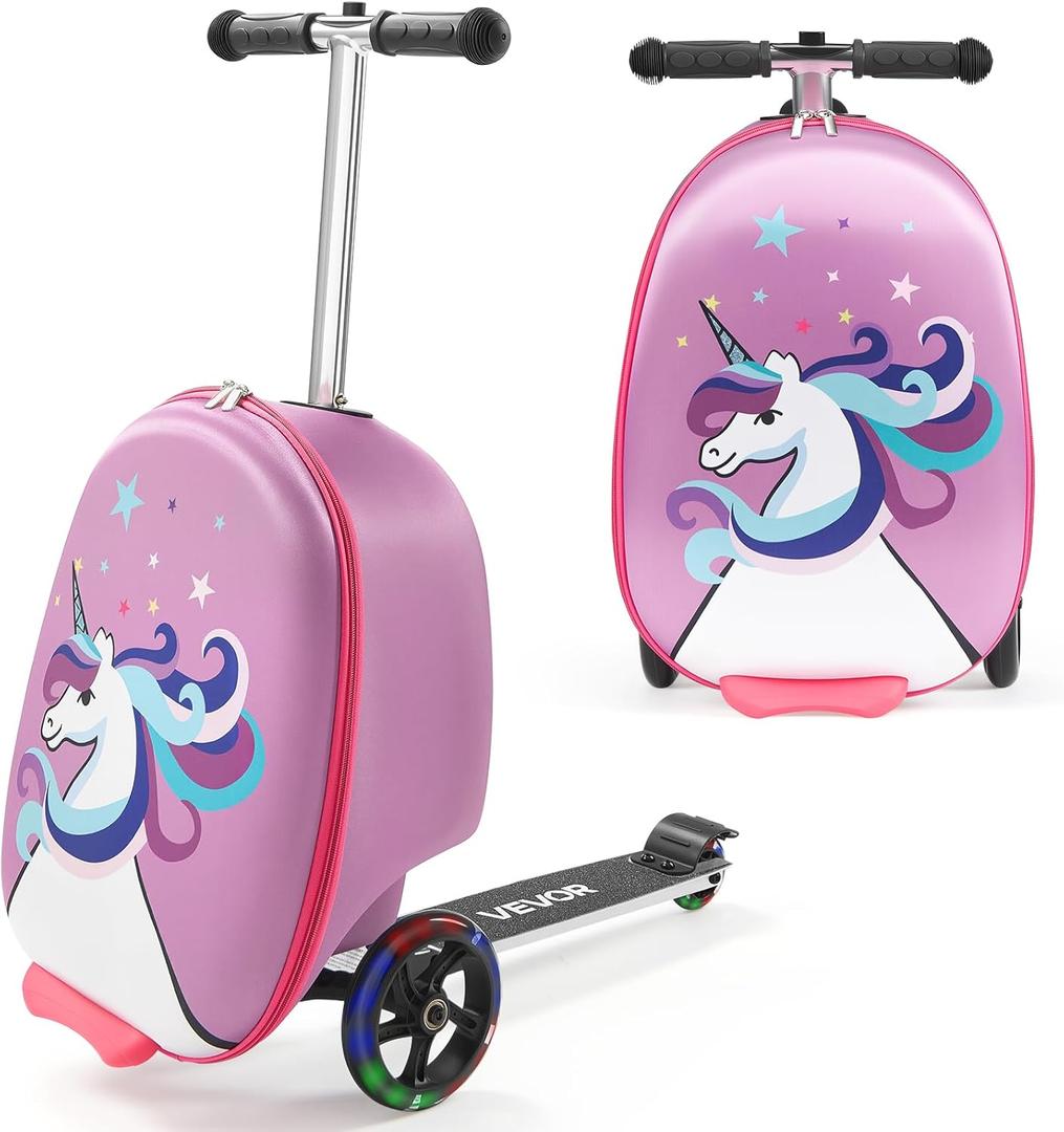 VEVOR Ride-on Luggage, 20 L Capacity, 20 Inches Kids Scooter Suitcase with Flash PU Wheels, Adjustable Handle & TPR Non-Slip Grip, Foldable & Lightweight Scooter Luggage for Kids Aged 5+, Purple