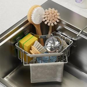 Corner Sink Organizer, Silver Stainless Steel Sponge Holder with Towel Bar, Self-Adhesive Kitchen Storage Rack, 6.3x6.3x3.2 Inches