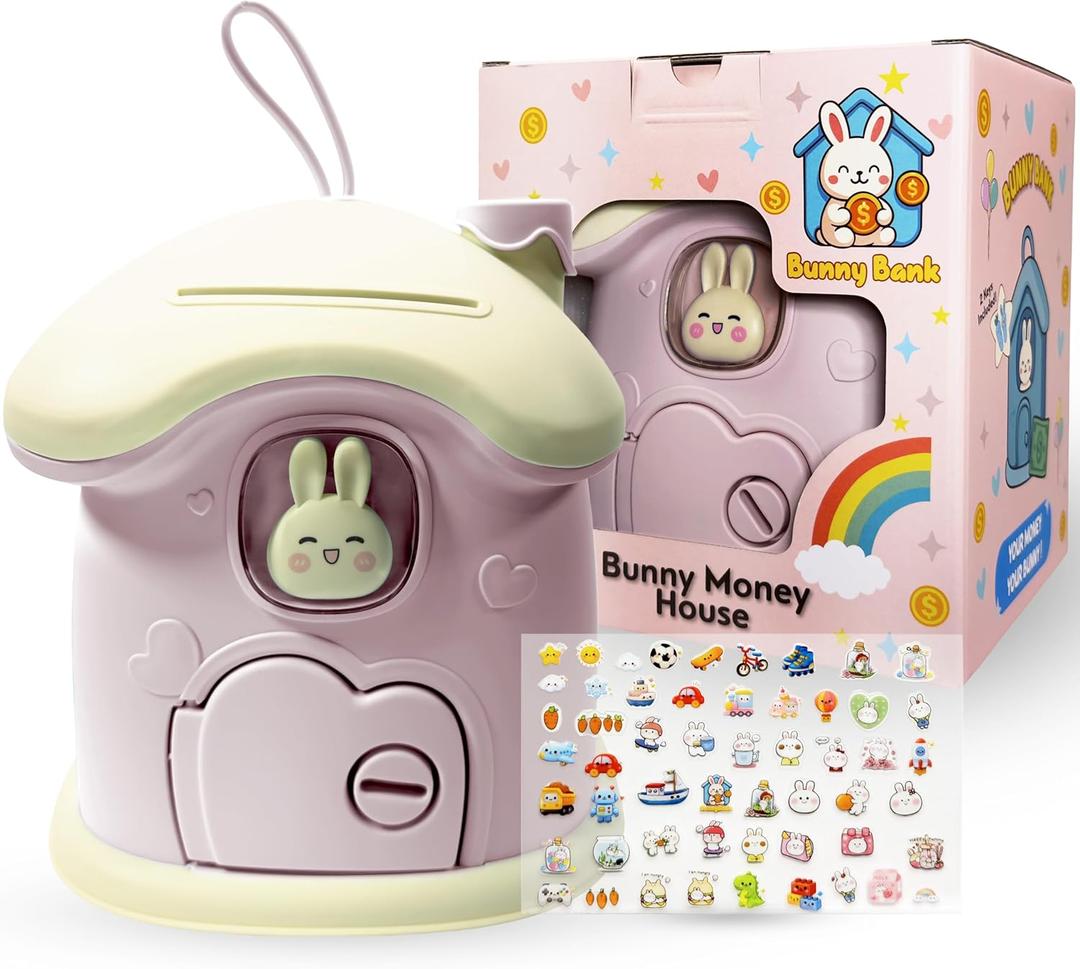 Bunny House Coin Bank for Kids - Durable Rabbit Piggy Bank with Handle & Lock - Cute Toddler Savings Jar for Girls & Boys - Kawaii Nursery Room Decor - First Money Box Gift - Pink