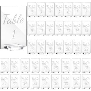 Tuanse 40 Pack White 4 x 6 Inch Acrylic Wedding Table Number 1-40 Clear Wedding Table Stand with Numbers Calligraphy Table Number Holders Table Signs for Wedding Reception Centerpieces Decorations