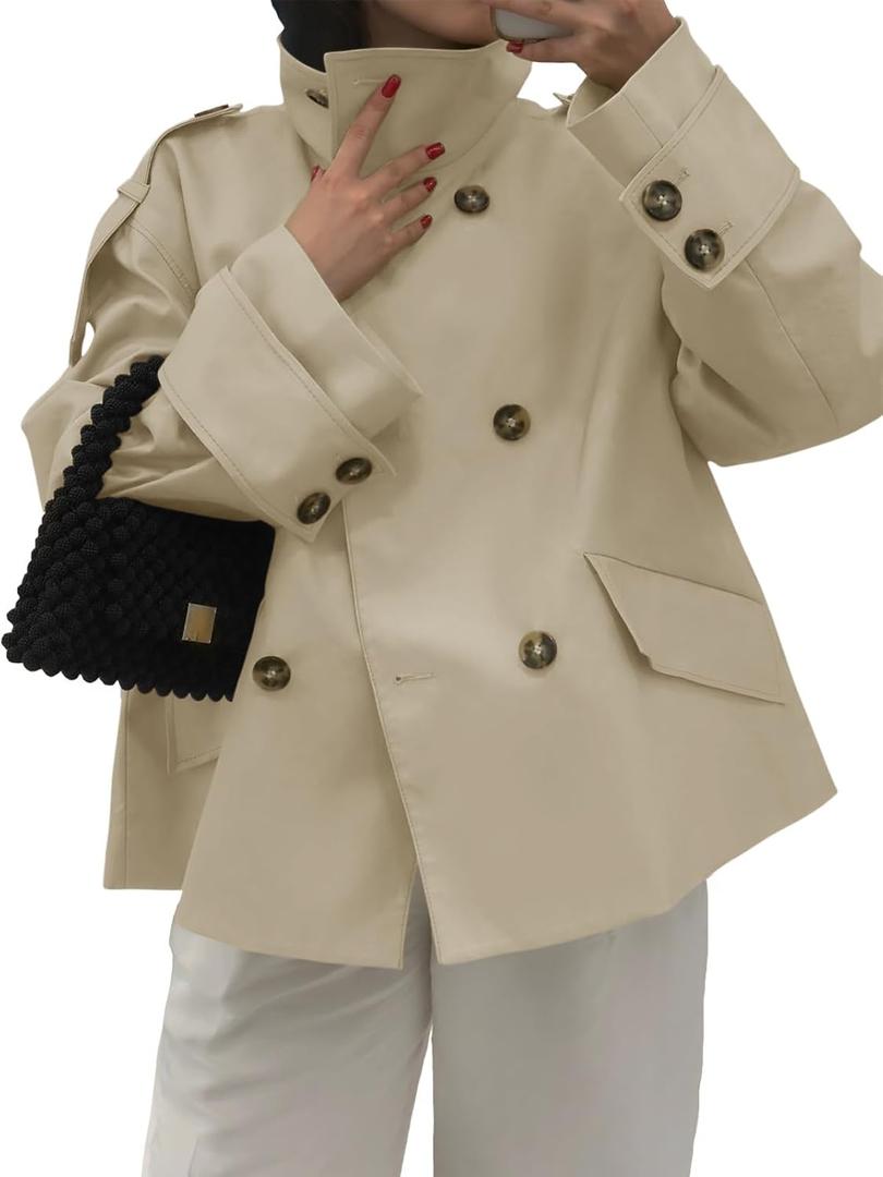 Tankaneo Womens Cropped Trench Coat Oversized Double Breasted Stand Collar Short Jacket Fall Casual Work Outerwear (Large, Light Khaki)