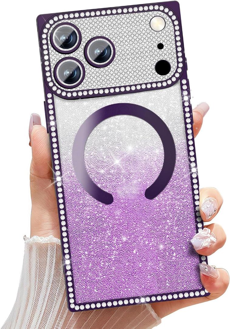 Misscase Magnetic Glitter Case for iPhone 17 Pro Max 6.9 Inch, Camera Protection, Compatible with MagSafe, Rectangle Cute Bling Sparkle Diamond Colorful Phone Cover, Drop-Tested & Shockproof-Purple