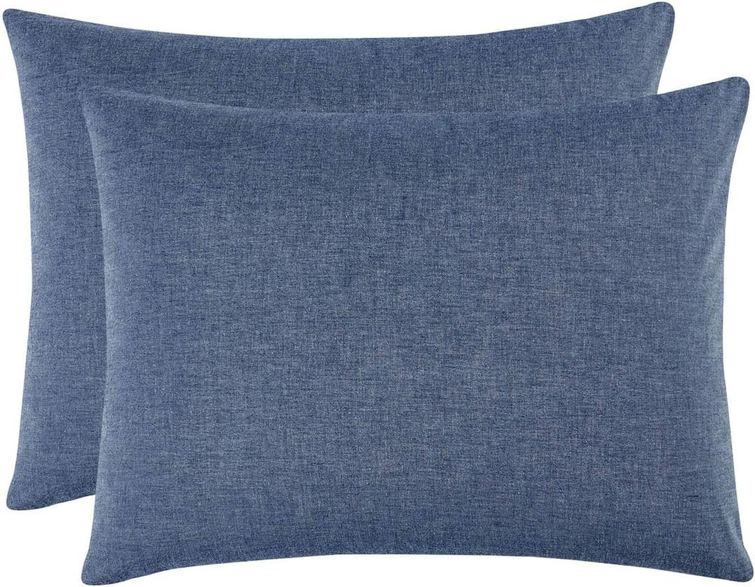 Wake In Cloud - Cotton Pillow Cases, 100% Washed Cotton, Breathable Percale Neutral Farmhouse, Set of 2 Pillowcases Pillow Shams Covers, Denim Blue, Standard Size 20x26 Inches