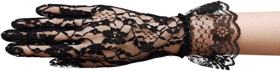 3 x Flower Pattern Women's Lace Gloves with Ruffle Wrist Length (Black)
