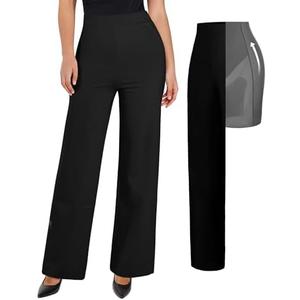 Popilush Dress Pants for Women Tummy Control 2 in 1 Work Slack High Waisted Wide Leg with Pockets Business Pants, 31"black, Large