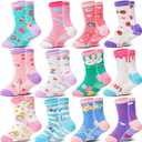 Welwoos Baby Girls Toddlers Grips Socks 12 Pairs Kids Anti Slip Non Skid Animal Funny Cartoon Crew Breathable Cotton Socks (3-5T, Pink/Purple/Blue/Red/Green/White)