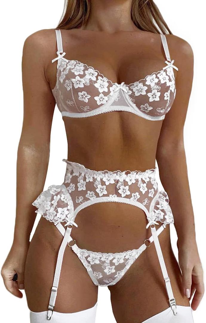 Kaei&Shi Bridal Lingerie,Floral Lace Ruffle Garter Lingerie Set,3 Piece Bachelorette Outfit For Bride Wedding Night Honeymoon (8-10, White), S
