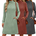 Velvelhall 3 Pack Women's Long Sleeve Sweater Dresses Ribbed Knit Lettuce Trim Mock Turtleneck Short Casual Slim Fit Dresses(Caramel, Green, Gray,Medium)