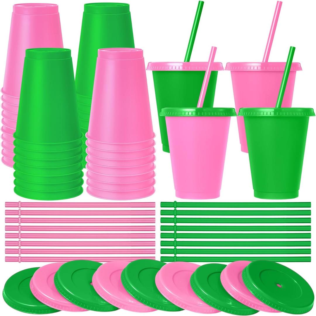Skylety 16 Pcs Plastic Cups with Lids and Straws 16 oz Plastic Cups Coffee Reusable Tumbler Water Bottle Holiday Party Supplies Gifts for Drinking Coffee Cocoa(Pink,Green)