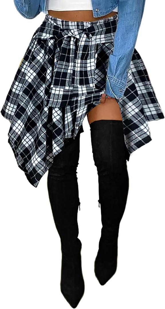 Women's Plaid Skirts High Waisted Knot Front Asymmetrical Hem Mini Skater Skirt, Size L