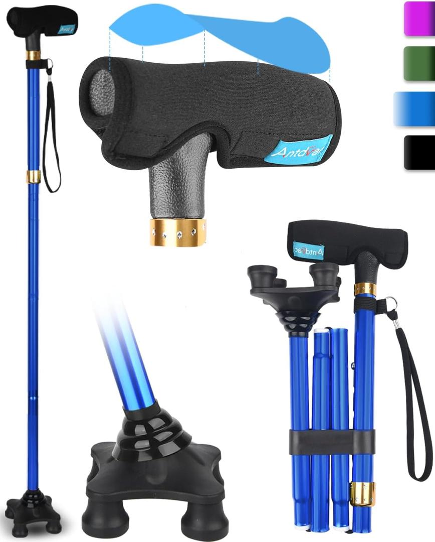 Walking Cane for Women for Stability, Folding Adjustable Quad Cane Suitable for 5.4FT-6.3FT, Self Standing Cane with Pad for Men and Seniors (Blue)
