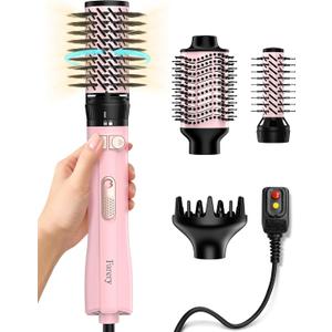 Farery Rotating Hot Air Brush Set 1000W 4 in 1 Blow Dryer Brush Styler with Diffuser, Hold-to-Rotate Round Brush for Volume, Smooth & Curl, Best for Fine to Medium-Thick Hair, Pink