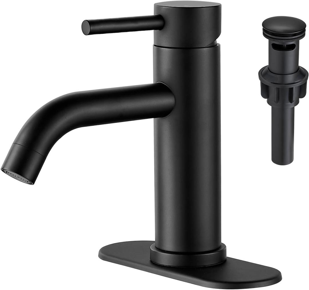 GENBONS Black Bathroom Faucets, Single Hole Bathroom Sink Faucet Modern Single Handle Mixer Tap Washbasin Vanity Sink Faucet 1 Hole with 3 Hole Deck Plate, Pop Up Drain