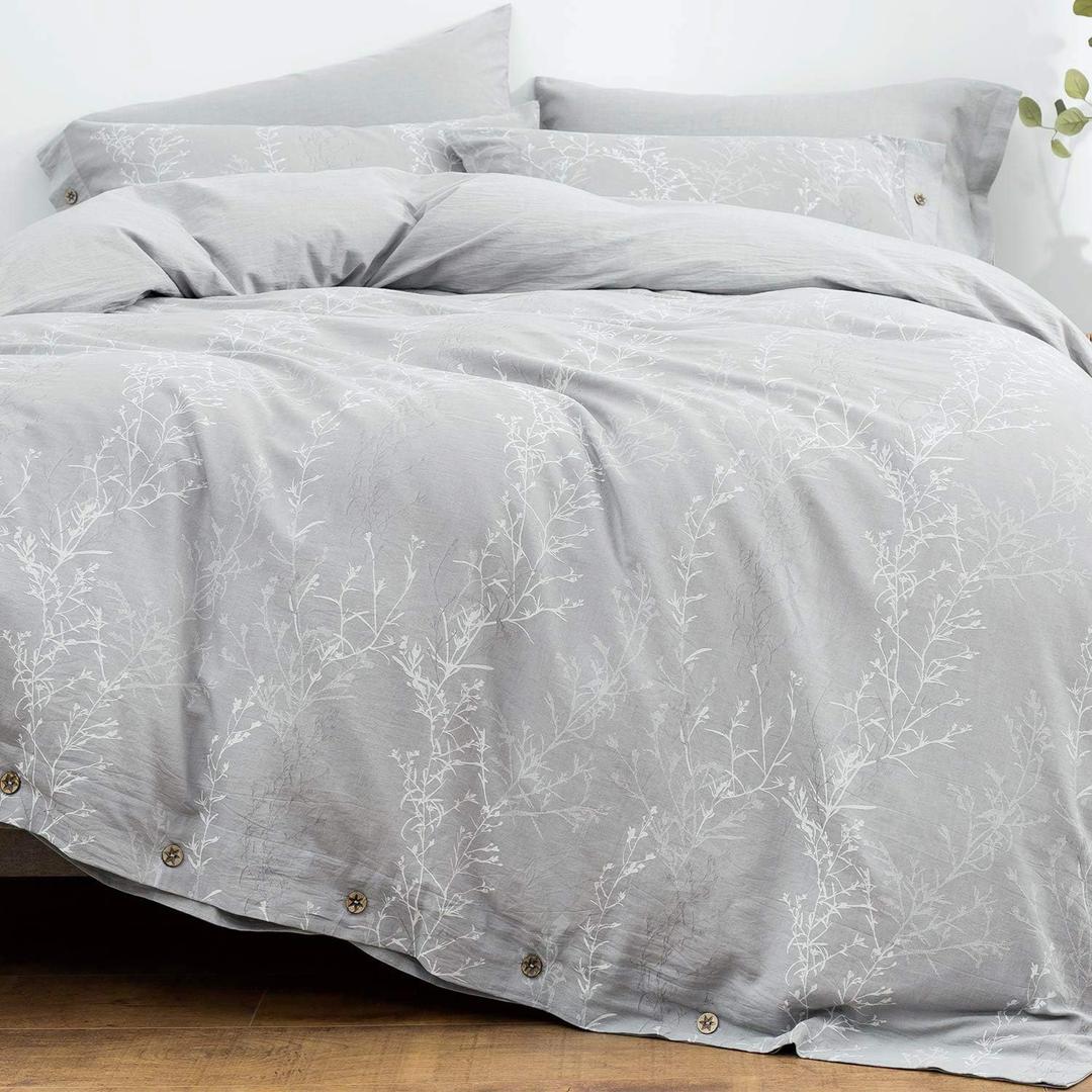 Duvet Cover Set Full/Queen Size Washed Cotton Yarn, Jacquard Gray and White Thin Branch Pattern Floral Style 3Piece Bedding Set