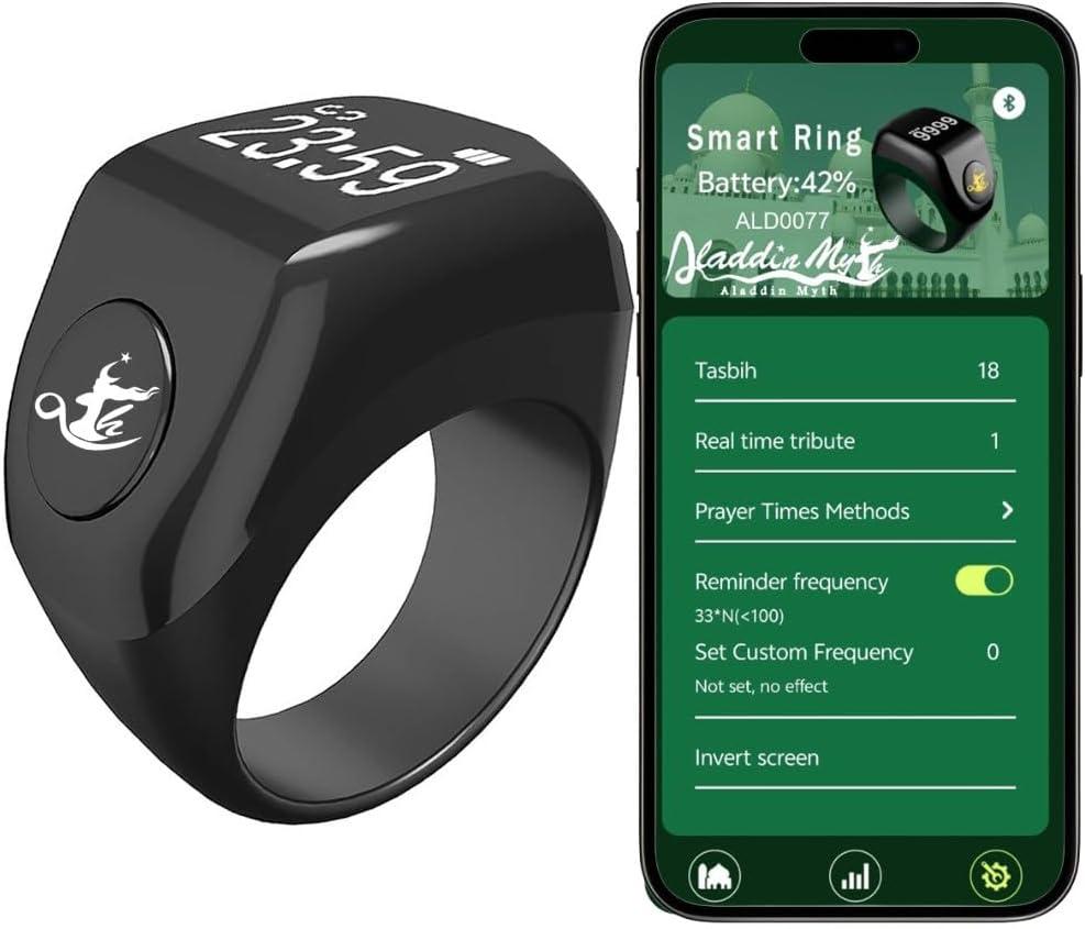 Aladdin Myth Multifunctional Tasbih Prayer Smart Ring, Tasbeeh Counters, Prayer Direction Indicator Guide, 5 Azan Alarm Clock, Electronic Rosary, Step Counting, Heat Rate, SPO2, Blood Pressure, Black