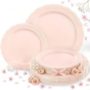 Tinybee 60PCS Pink Plastic Plates - Heavy Duty Pink Disposable Plates, Elegant Plastic Plates for Mothers Day, Bridal Shower and Party Including 30 Dinner Plates 10 '' & 30 Dessert Plates 7.5 ''
