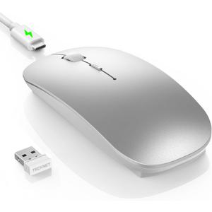 TECKNET Bluetooth Wireless Mouse, Rechargeable Silent Portable Computer Mouse, 6 Adjustable DPI, Dual Mode (Bluetooth 5.2/3.0 and 2.4G USB Receiver) for Laptop, iPad, MacBook, PC, Desktop, Android (silver)