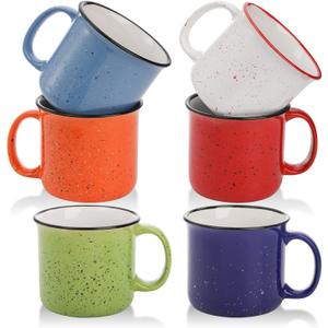 Lyellfe Set of 6 Ceramic Coffee Mugs, 15 Oz Campfire Camping Mugs, Speckled Camper Mug for Tea, Coffee and Hot Chocolate, Campfire Gift Mugs for Camper Lovers and Friends, 6 Colors