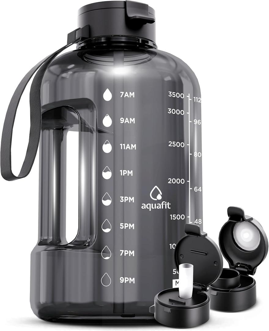 AQUAFIT 1 Gallon Water Bottle with Time Marker - Straw & Chug Lid - BPA Free Gym Water Bottle with Straw - Big Gallon Jug (Gray, 128 oz - 2 Lids)