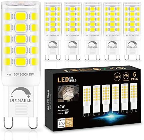 Sailstar 6 Pack G9 LED Bulb Dimmable 6000K Daylight, T4 4W G9 Replacement for 40 Watts Halogen, 400 Lumen, Ceramic Bi-Pin Base, 360°Beam Angle, 120V G9 Light Bulbs for Chandelier