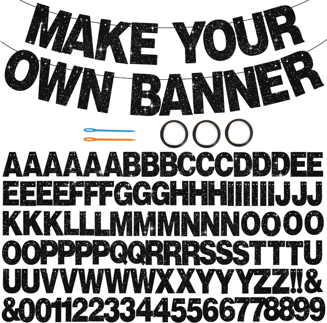 BEISHIDA 116 PCS A-Z Glitter Black DIY Letter Banner Kit Make Your Own BannerIncluding 111 Letters and Numbers 3 Rope and 2 Threading Device,Customized for Birthday Graduation Wedding Halloween Party Decor