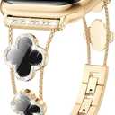 CTYBB Bling Diamond Band Compatible with Apple Watch Bands for Women 42mm 44mm 45mm 46mm Series 11 10 9 8 7 6 5 4 SE 3 2 1, Sparkle Metal Bracelet Wristband, Cute Lucky Clover Dressy iWatch Band,Gold/Black