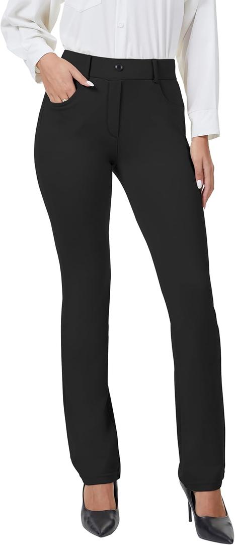 VIMPEP Womens Classic Yoga Dress Pants Mid Rise Straight Soft Feeling Pull On Stretchy Work Pants for Casual Slacks 2202 (Medium, Black)