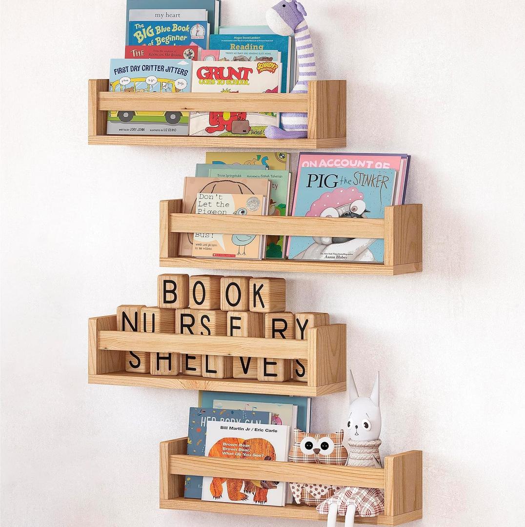 NATURE SUPPLIES Set of 4, Natural Wood Floating Nursery Book Shelves, 16.4" Floating Bookshelves, Wall Book Shelf for Kids Rooms Decor, Toys & Playroom Furniture, Kids Bookshelf, Nursery Bookshelf