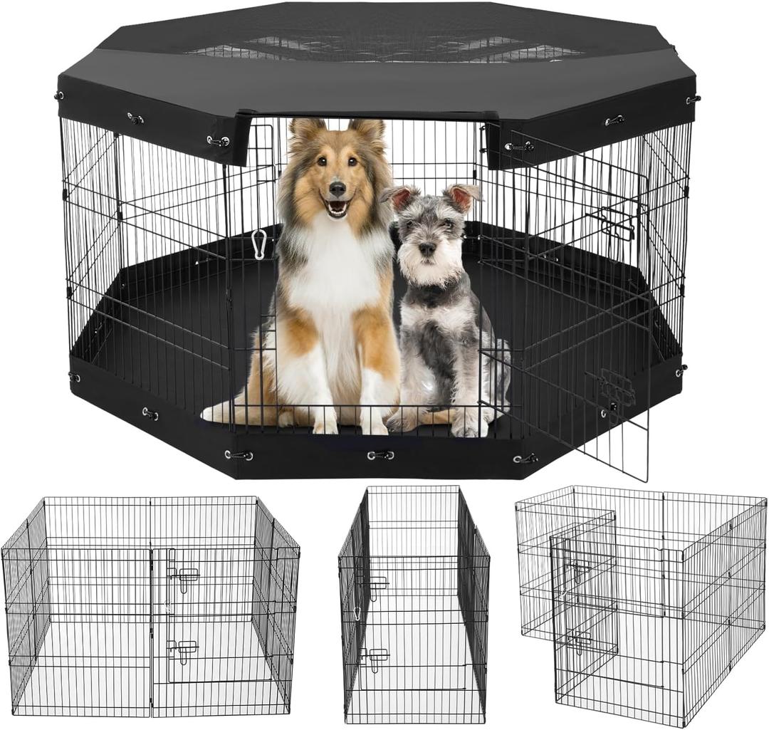 VEVOR Dog Playpen, 8 Pcs 30" H x 24" W Panels Foldable Metal Pet Exercise Pen, Dog Fence Indoor and Outdoor Pen with Door, Bottom Pad and Top Cover, Pet Playpen for Dogs, Cats, Other Small Animals