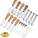 Cheese Knives Set with Wooden Handle,Mini Serving Tongs Spoons Forks Toothpick Flags for Party Christmas 14PCS