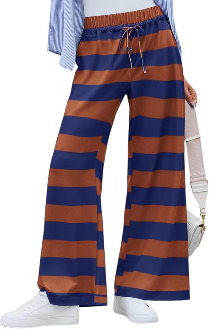 Yousify Womens Striped Wide Leg Flare Pants Casual Drawstring Elastic Waist Loose Yoga Lounge Pant with Pockets (Large, Brown)