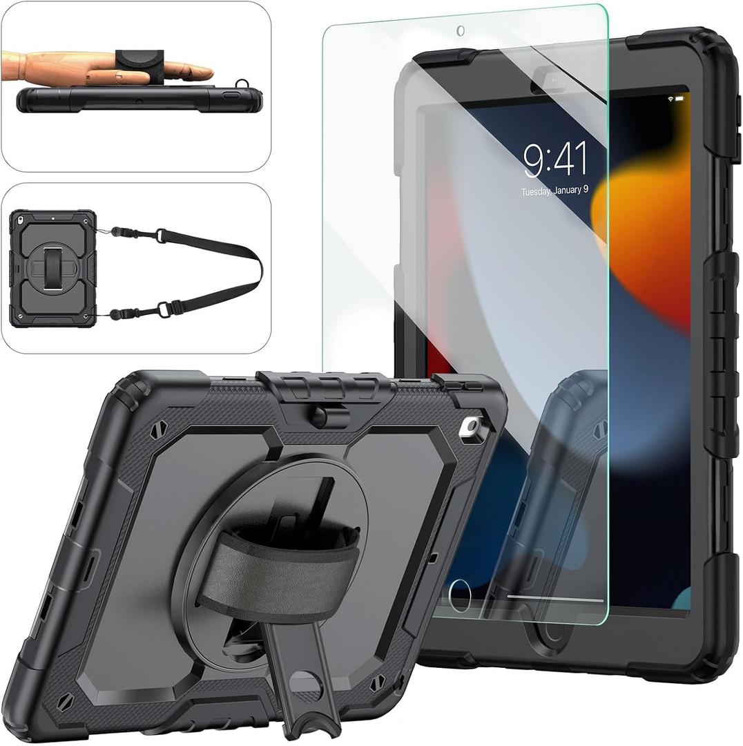 iPad 9th/8th/7th Generation Case, iPad 10.2 Case 2021/2020/2019, [Kid Proof] ambison Full Body Protective Case with 9H Tempered Glass Screen Protector, 360 Rotatable Kickstand & Hand Strap (Black)