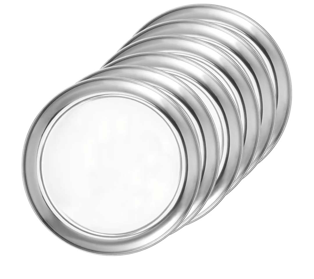 JOIKIT 6 Pack 12 Inch Silver Stainless Steel Plate, Round Metal Dinner Plates, Kitchenware Dinner Dishes Serving Tray Large Camping Plates for BBQ, Snack, Food Serving, Dishwasher Safe