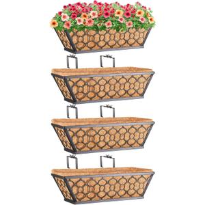 Riare 4 Pack 16 Inch Window Boxes Planters with Coco Liner, Metal Deck Railing Planter Boxes, Balcony Planters Railing Hanging, Horse Trough Window Flower Planter Boxes for Outdoor Porch Fence Patio