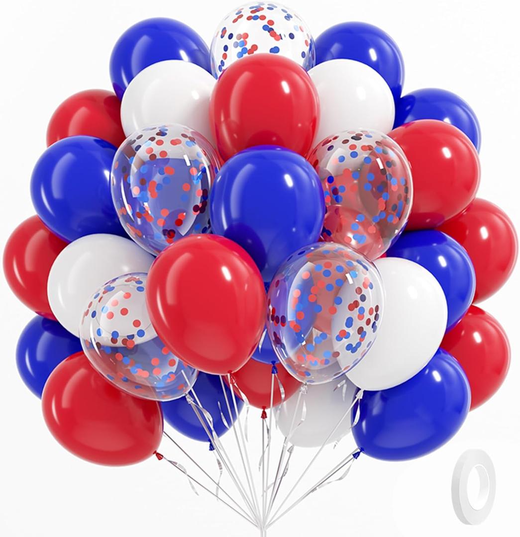 BAUANOOY Red White and Blue Balloons, 60pcs 12 Inch Red White and Blue Decorations with Confetti Balloons for Independence Day Patriotic Anniversary Veterans Day Graduation Birthday Party Decorations