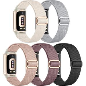 Maledan Elastic Bands Compatible with Fitbit Charge 6/Charge 5 Band Women Men, Waterproof Stretchy Nylon Bracelet Loops Strap Replacement Bands for Fitbit Charge 5/Charge 6 Fitness Tracker Accessories (Fit for 4.5'' to 9.5'' (115mm-240mm) wrist, 1-Black/ Smoky Purple/ Pink/ Starlight/ Light Gray)