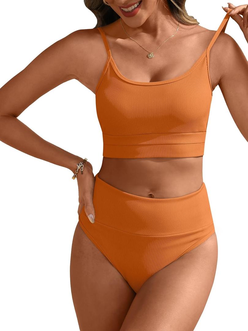 ANRABESS Women High Waisted Bikini Sets Color Block Summer Beach Vacation 2 Piece Bathing Suit Tummy Control Ribbed Swimsuit (Medium, Orange)